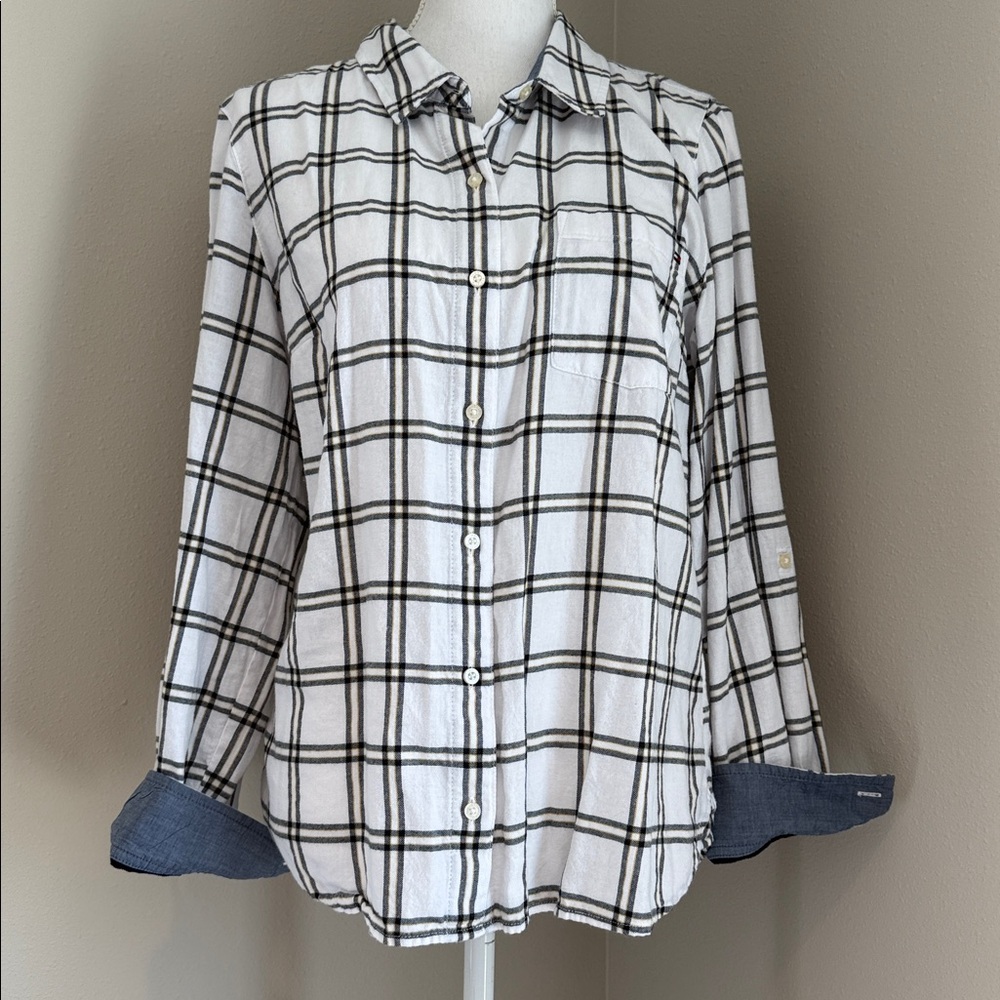 Tommy Hilfiger | Plaid Button-Down Long-Sleeve Shirt | White/Yellow/Navy | Large